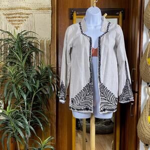 Embroidered Open Front Boho Jacket 8 Flo Ivory Black Stitch Floral Lined Shacket